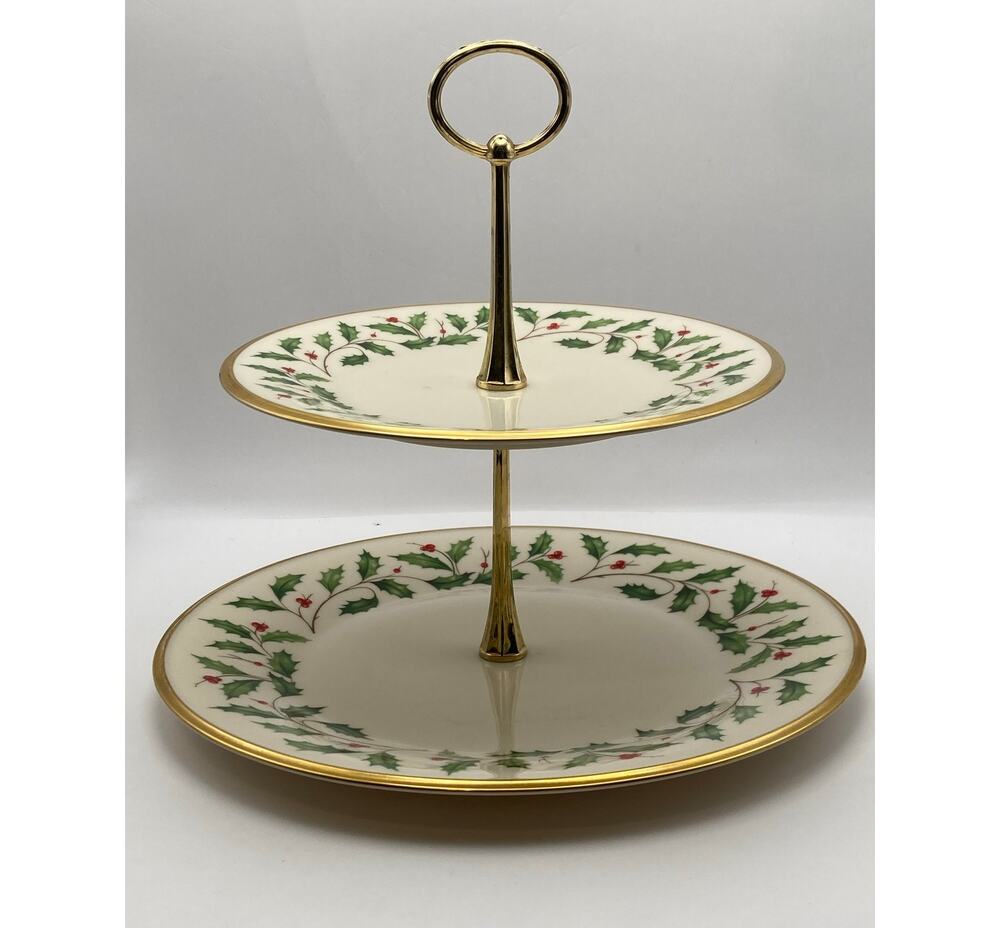 Lenox Holiday Holly Berry Gold Rim 2 Tier Serving Platter Stand